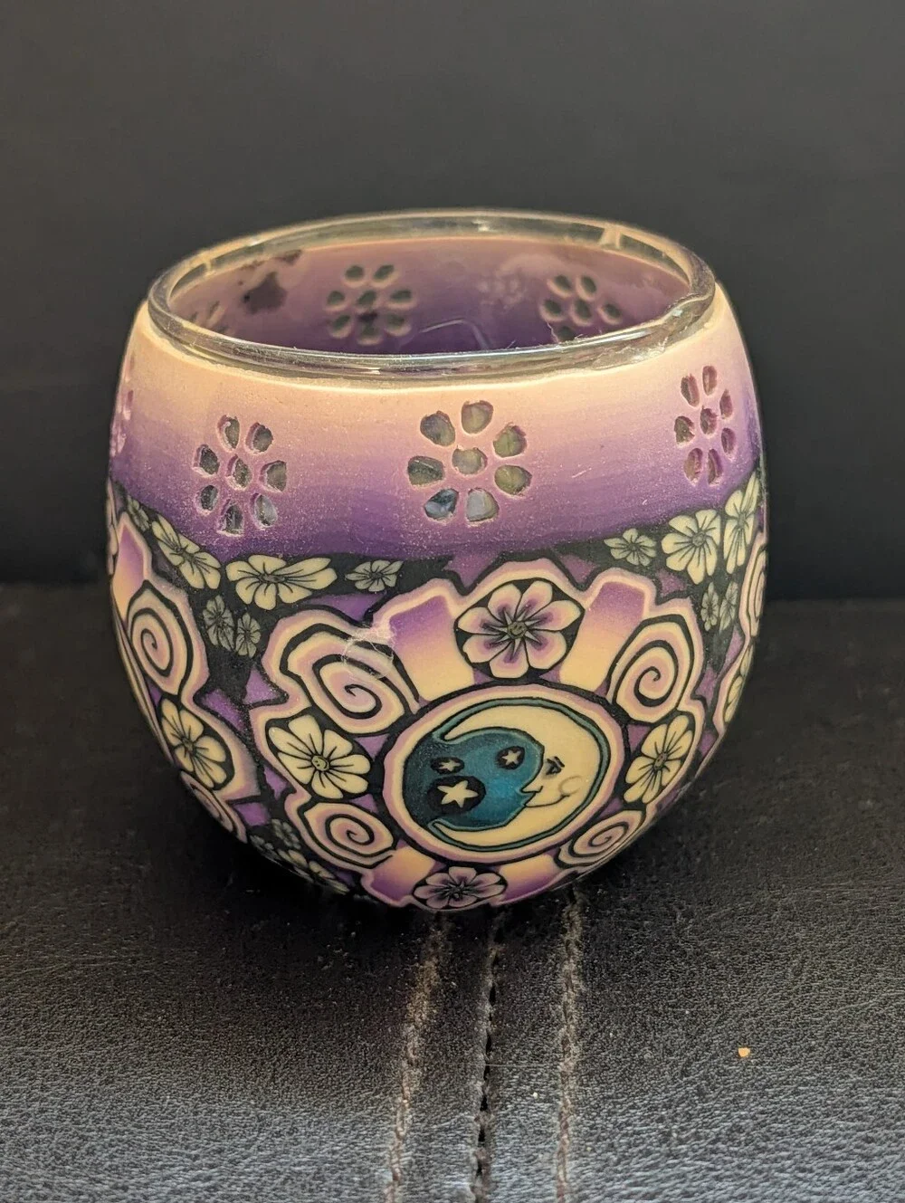 Vintage 90s Y2K Boho Celestial Star Moon Polymer Clay Glass Candle Holder